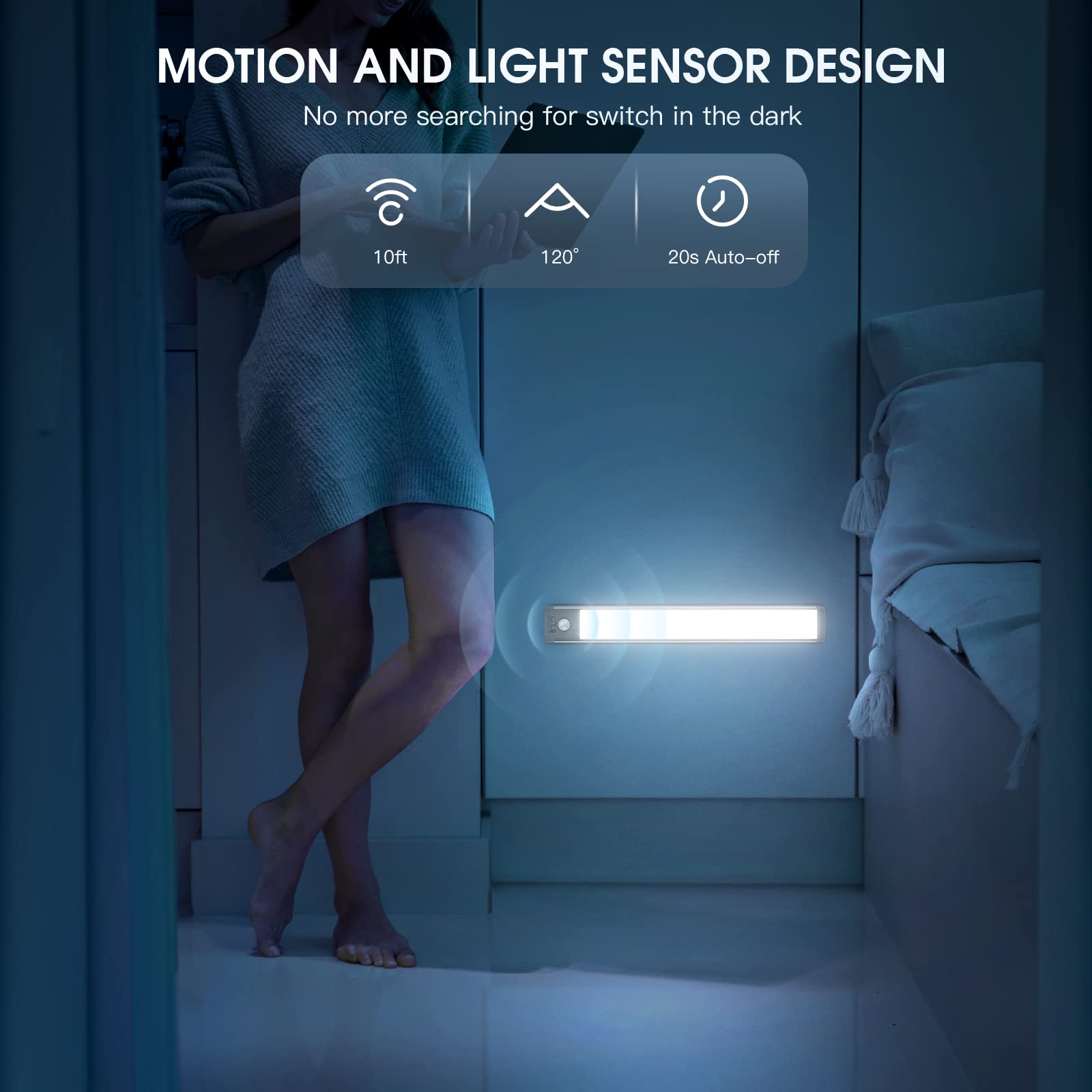 MCGOR Under Cabinet Lighting - 14.7" Rechargeable Motion Sensor Light, Wireless, Dimmable, White Light, Aluminum, 2 Pack, Model GLS-C010