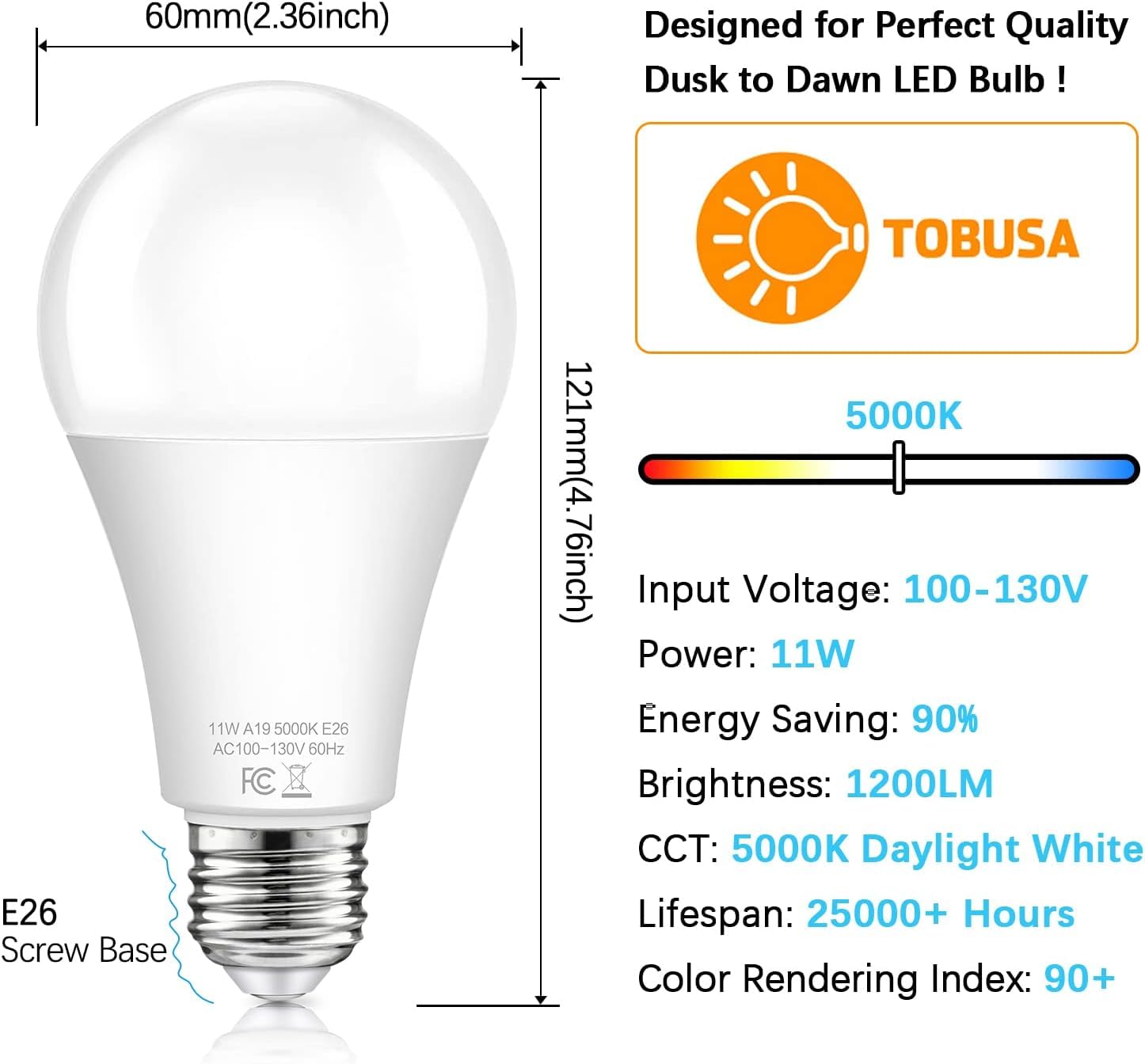 Dusk To Dawn Light Bulbs Outdoor 100 Watt Equivalent, 11W Automatic On/Off Sensor Light Bulb Daylight 5000K, A19 Outdoor Led Lig