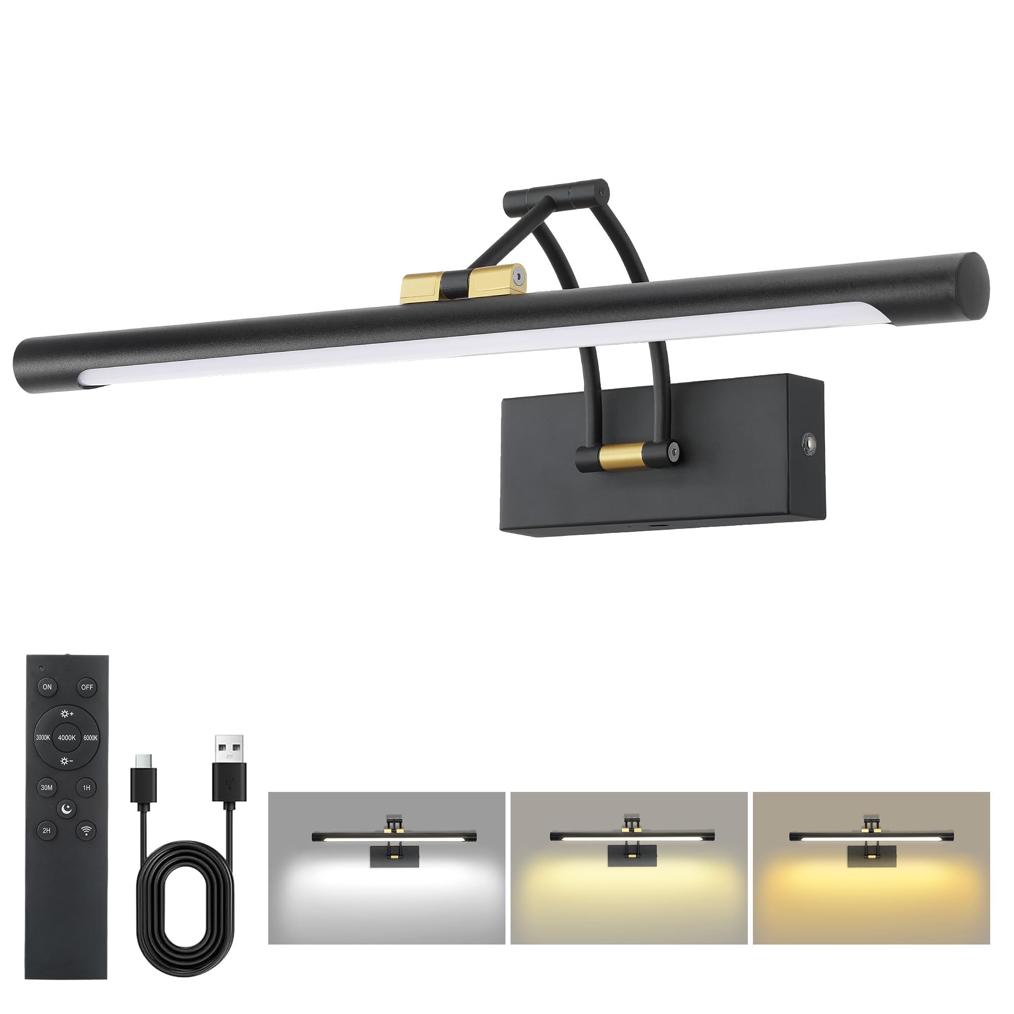 Neymlya 16in Wireless Picture Light, Remote Dimmable, Battery Operated, Metal, Black Gold, Model 16IN-BB02