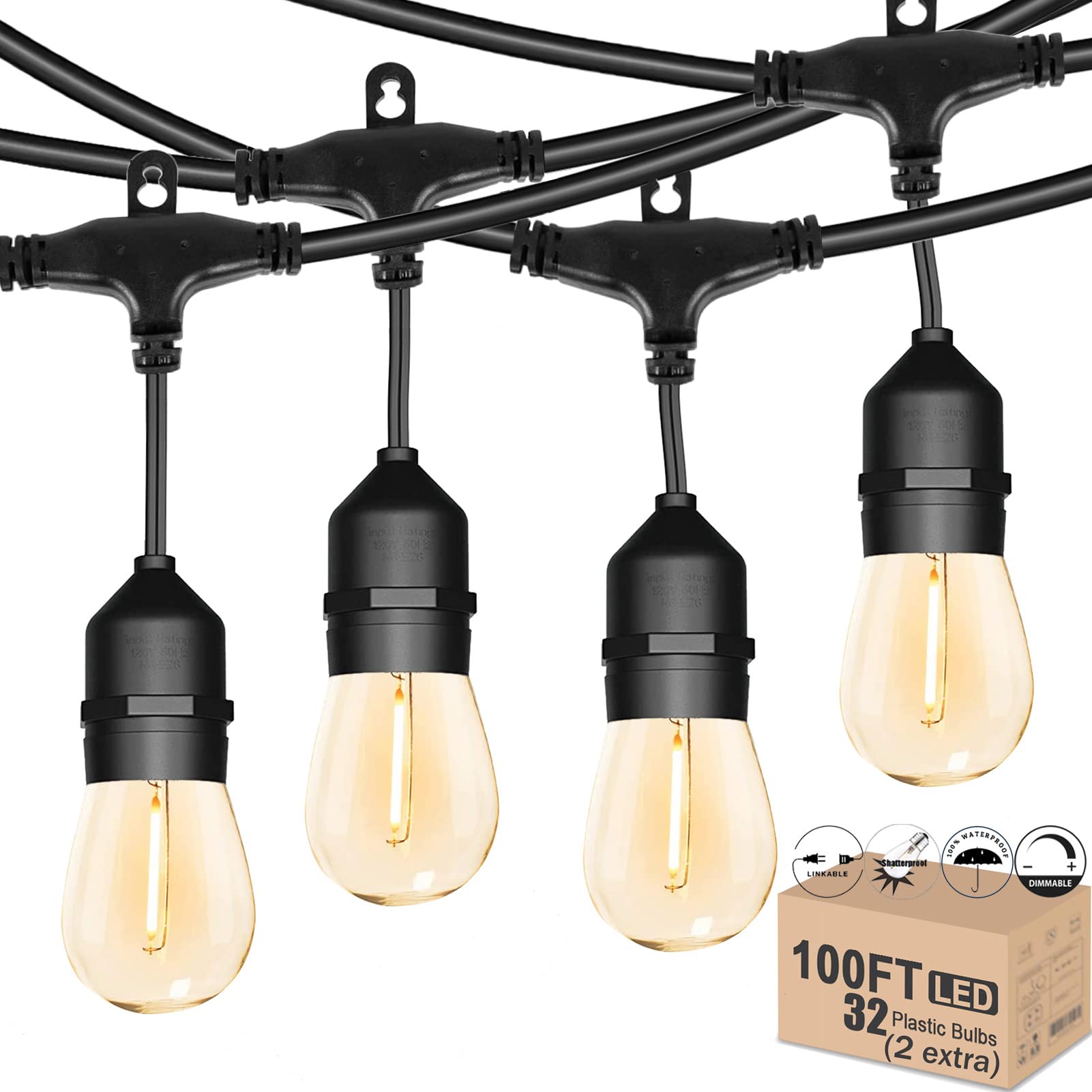 Meidaoduo Outdoor Patio String Lights 100FT Waterproof IP65 Heavy Duty String Lights for Outside Lights for Yard with 30+2 Shatt