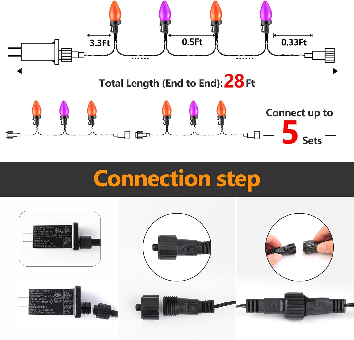 RECESKY Halloween String Lights - 50 LED, 24Ft, Orange & Purple, 8 Modes, Plastic, Plug Model LCHLED100L/2F