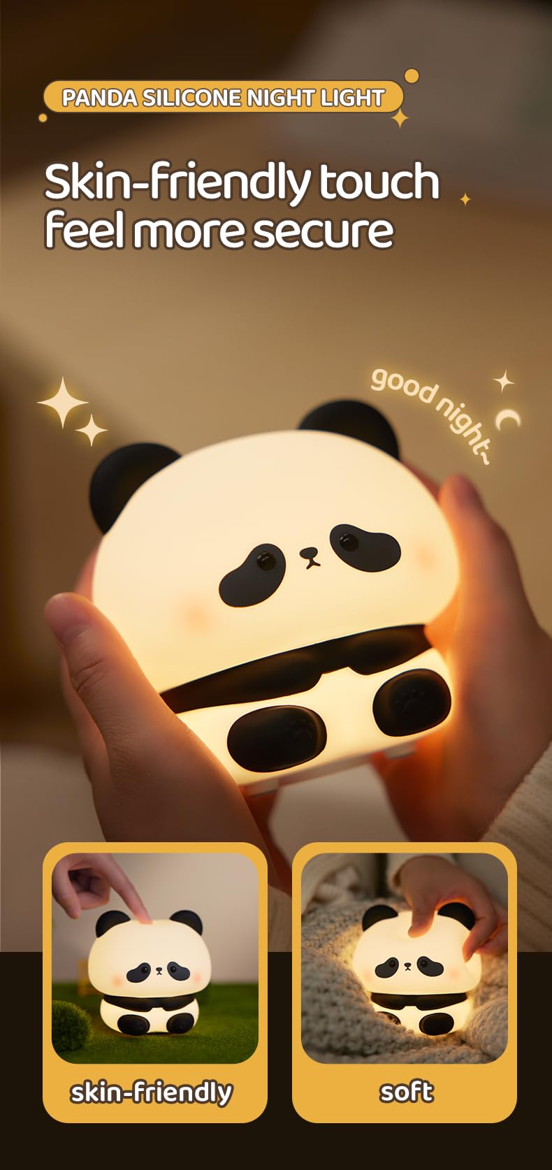 ATSUI Cute Panda Night Light, LED Squishy Novelty Animal Night Lamp, Food Grade Silicone, 3 Level Dimmable Rechargeable Nursery