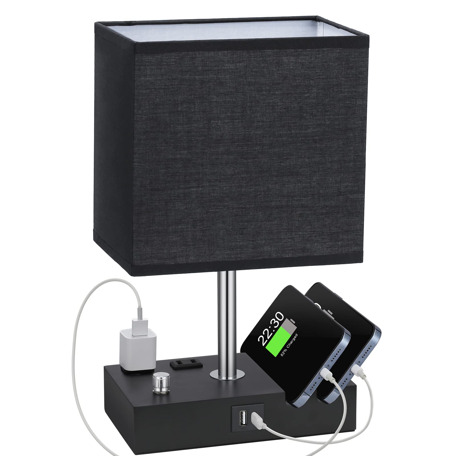 Kakanuo Table Lamp For Bedroom With Dual Usb Ports, Fully Dimmable Black Bedside Lamp With Phone Stands And 2 Charging Outlets, 