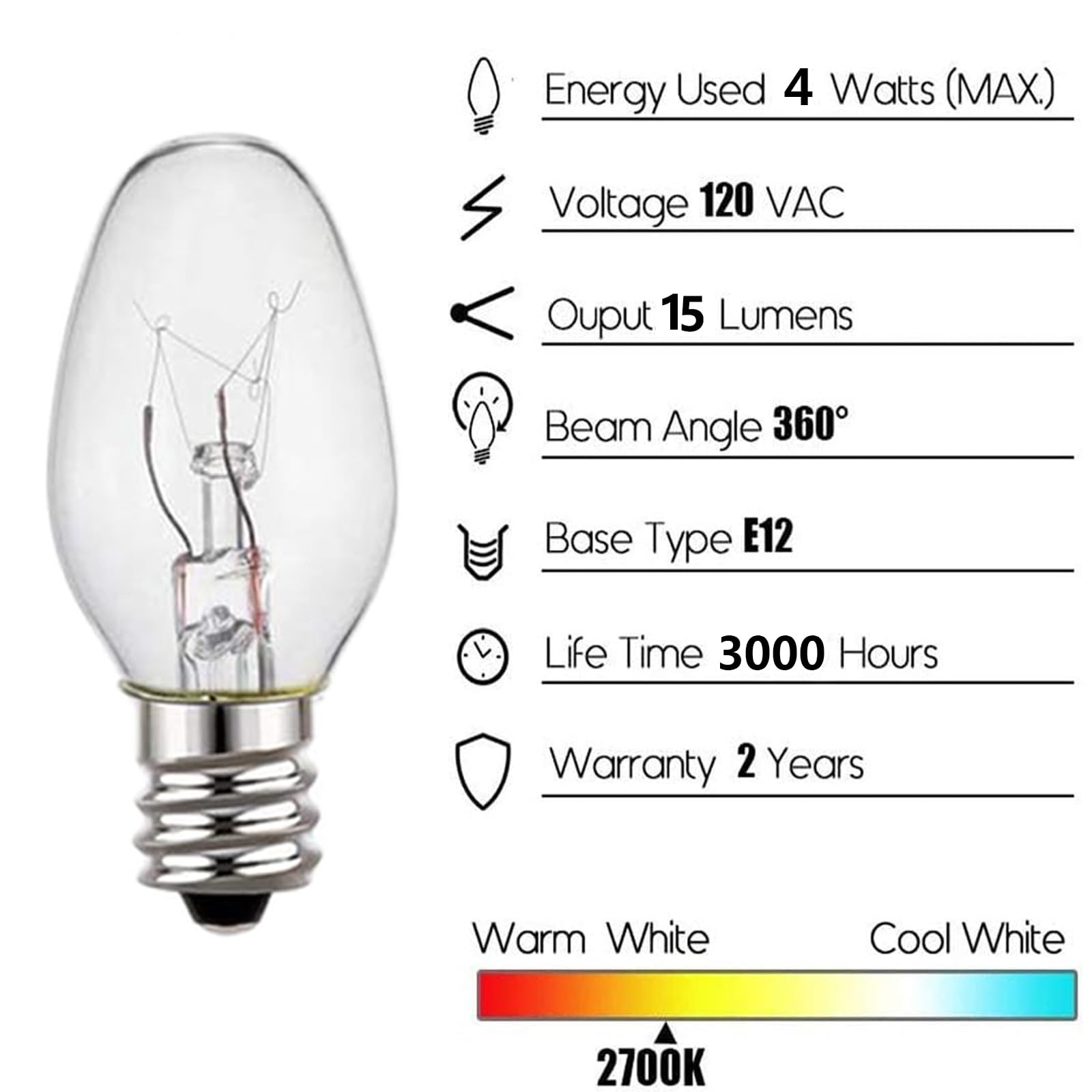 C7 Night Light Bulb 4 Watt,E12 Candelabra Base,15 Lumens,Small Light Bulb,Night Light Replacement Bulbs,Clear, Soft White - 12 Pack