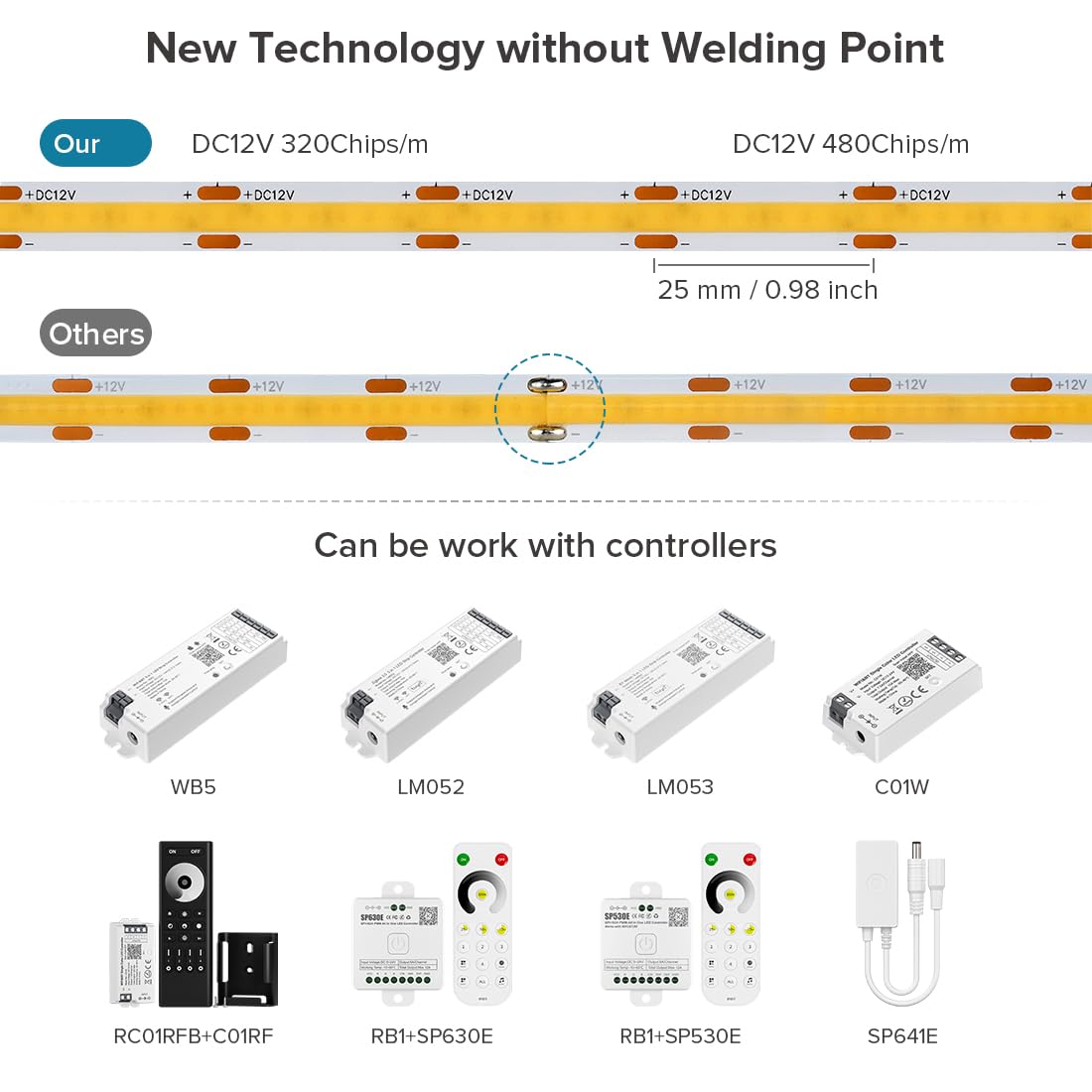 FCOB COB LED Strip Lights 16.4FT 480 LEDs/m 9W/m IP65 Waterproof Warm White 3000K Flexible Indoor Decoration DC12V
