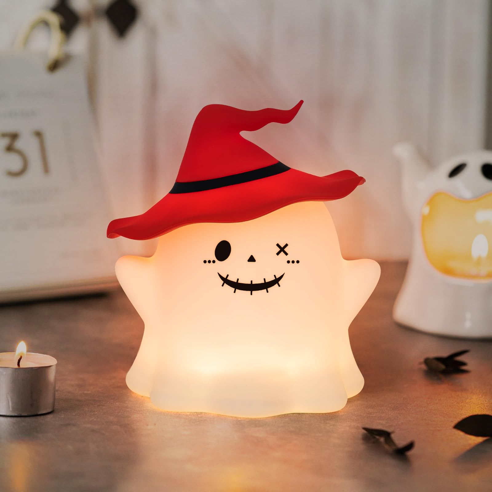 UMLAEN Cute Ghost Silicone Night Light for Kids, Rechargeable Bedside Lamp, Small Size, Red, Model HHDS080003002-R