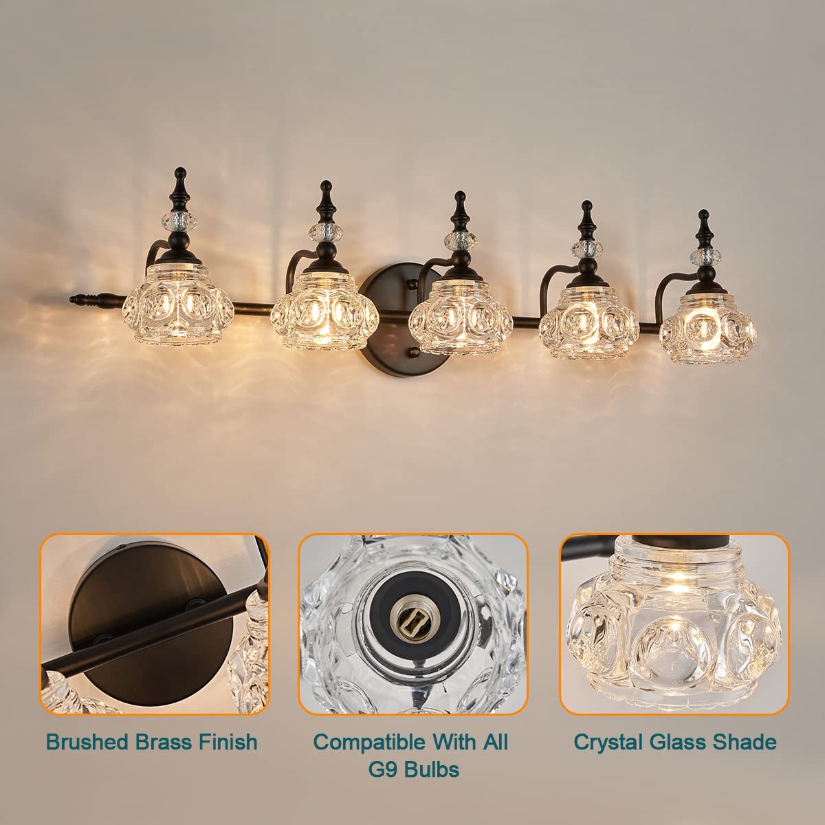 Zilanl 5-Light Vintage Black Bathroom Vanity Light With Crystal Glass Shade, Wall Sconce