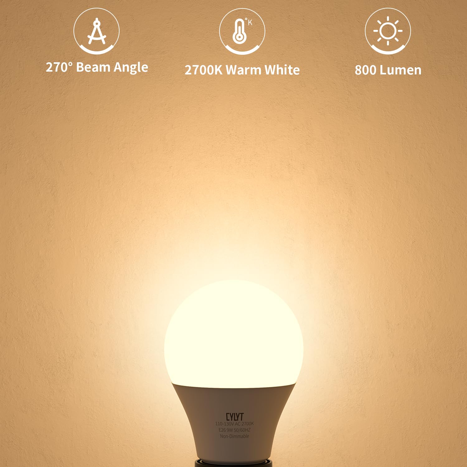 CYLYT LED Light Bulbs 9W 800 Lumen Warm White 2700K E26 A19 Non-Dimmable 4-Pack