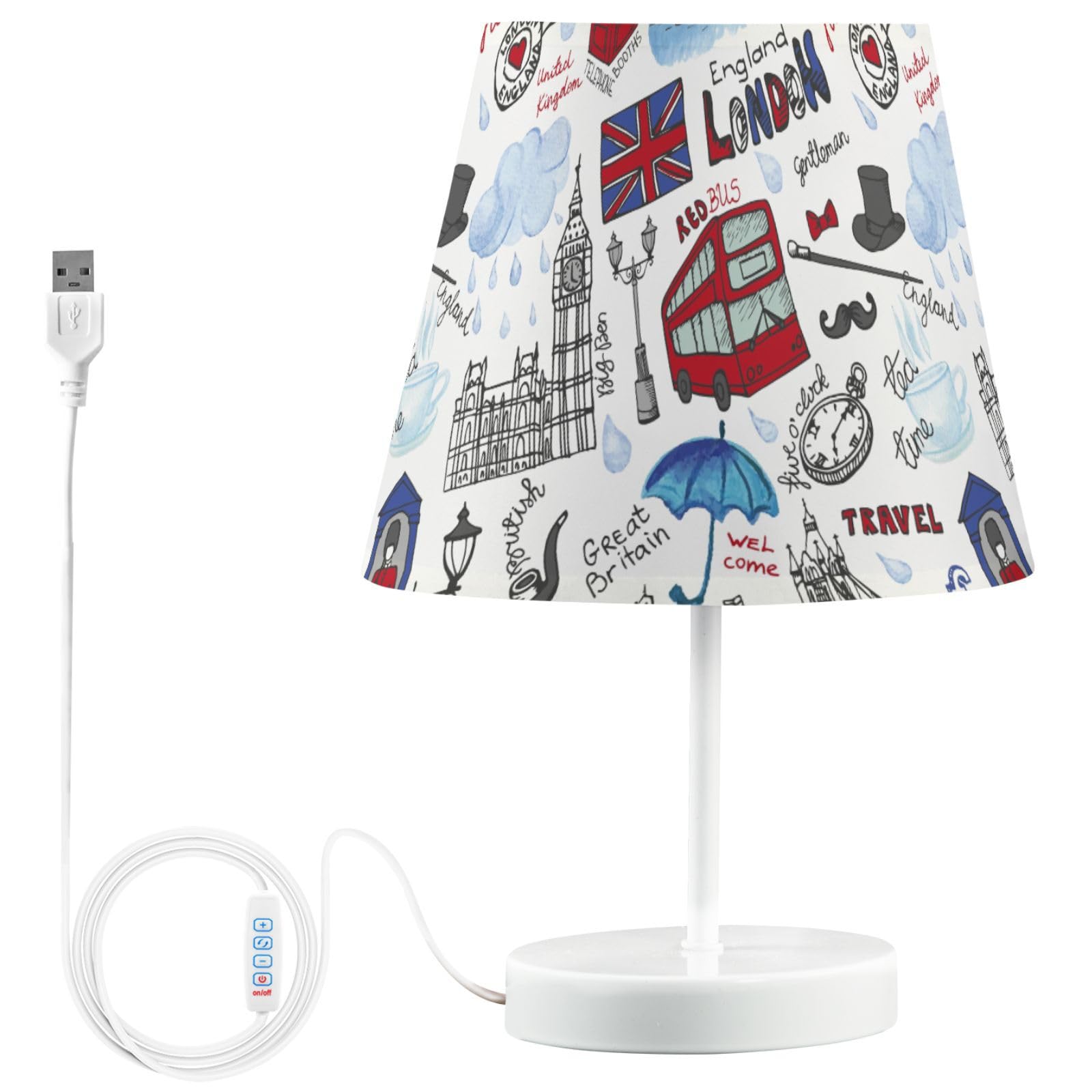 Peystean London Landmark Symbols Lettering Pattern 3 Colors Dimmable LED Table Lamp with USB Port,11.8 Linen Shade Bedside Night