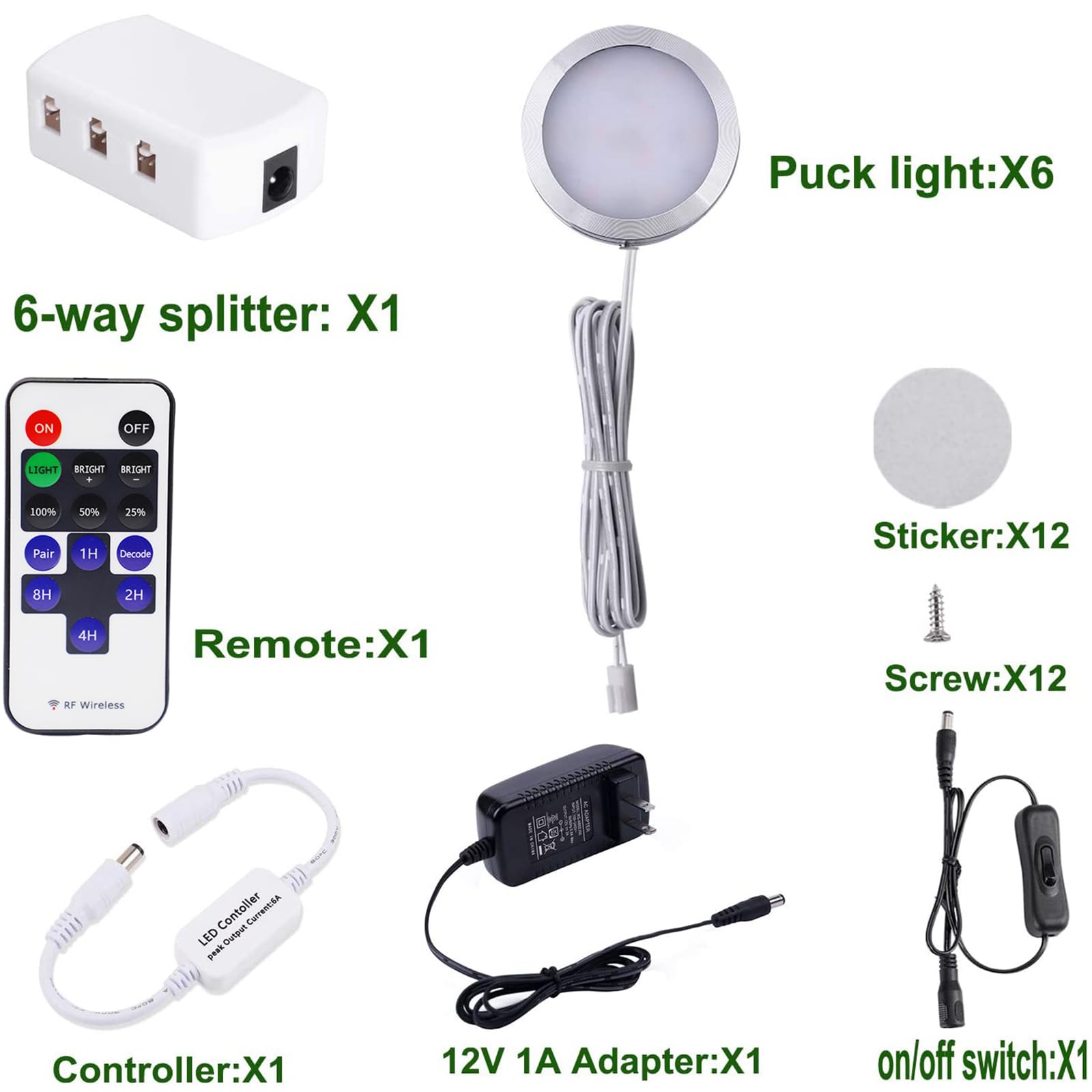 Aiboo Led Under Cabinet Lighting Dimmable With Rf Remote Control, 6 Led Puck Lights, Total Of 12W, For Kitchen Count Closet Ward