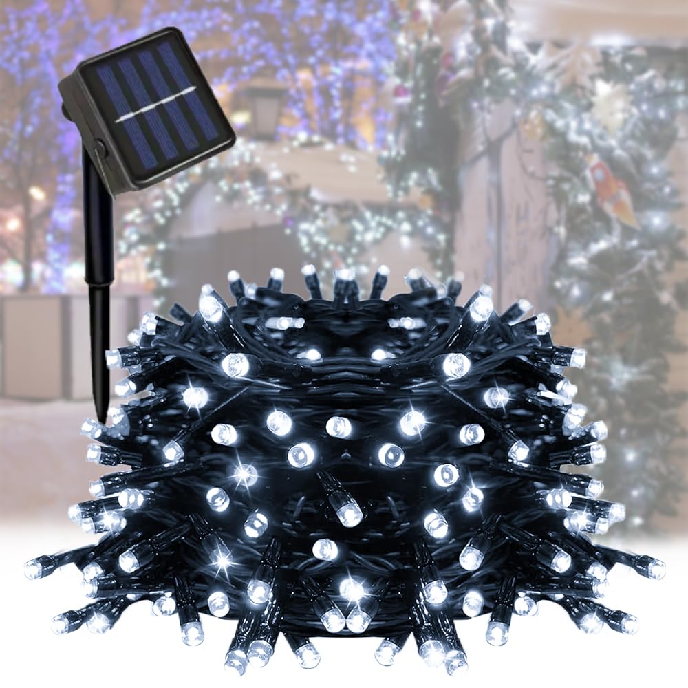 Taoushuleng Solar White String Lights Outdoor, Blackish Green Wire, 40ft 100 LED with 8 Lighting Modes for Outside,Garden,Courty