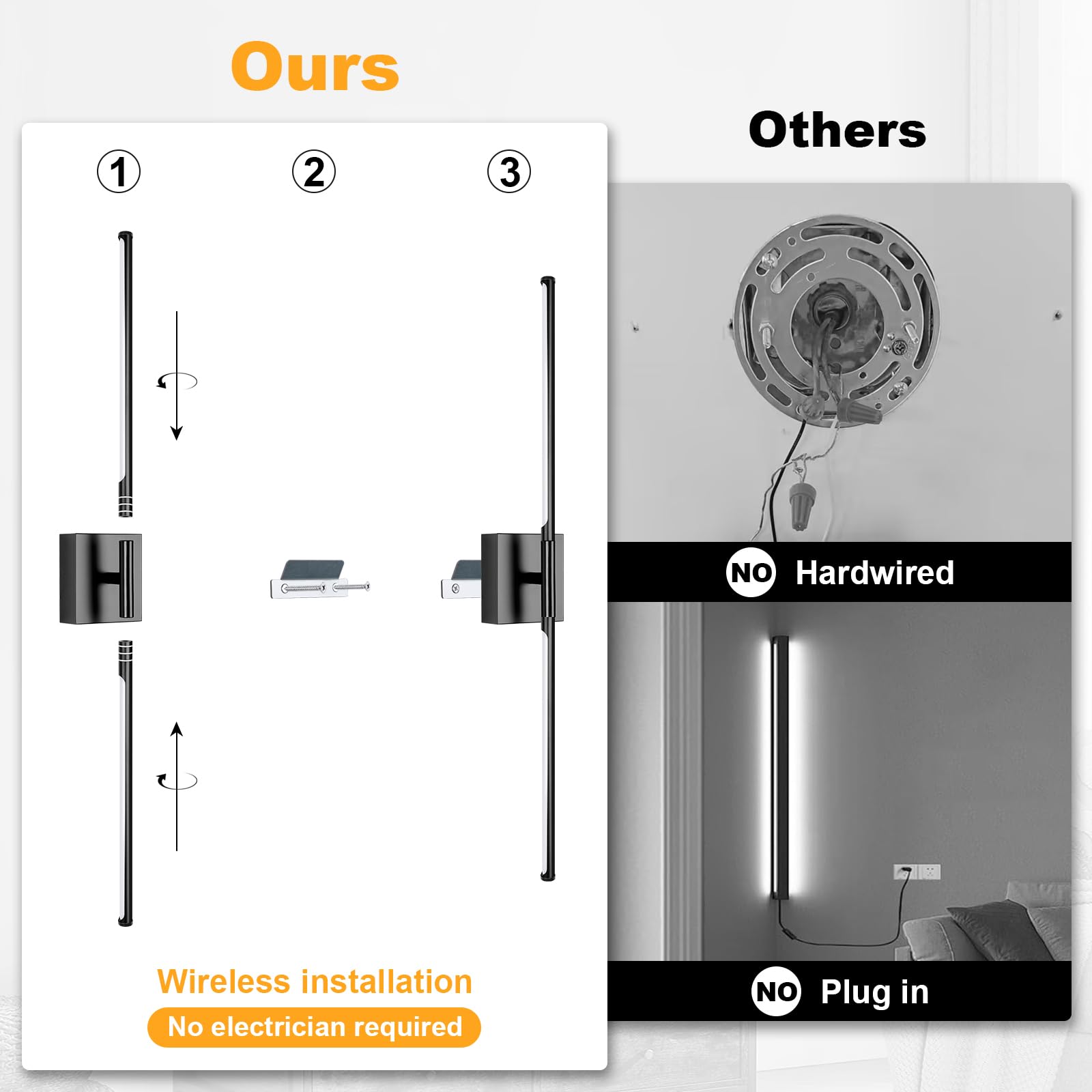 JZEKVN Battery Operated Wall Sconce Set of Two, Dimmable 3000K-6000K, 29.1in Black Metal, Remote Control, Model 202411