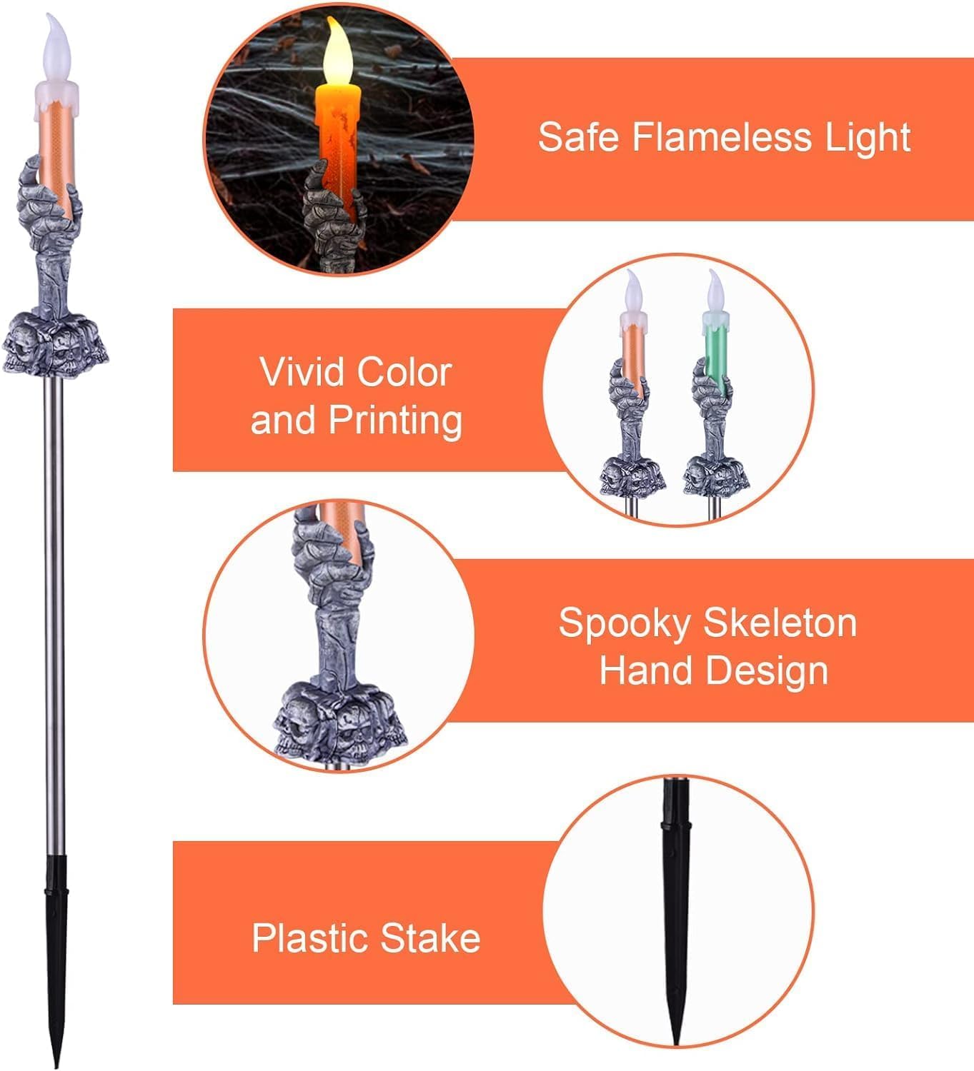 ILLUMINEW Solar Pathway Lights, 5 Pack LED Skull Candle Holders, Outdoor Halloween Decor, Orange & Green, Black