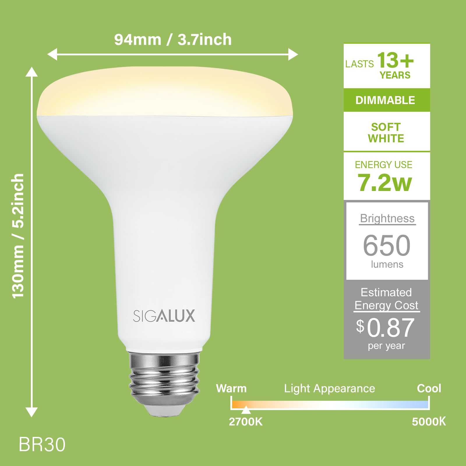 Sigalux Ecobright, T20 Compliant Indoor Flood Light Bulbs,Br30 Dimmable Led Bulbs,65 Watt Equivalent,Soft White 2700K,Efficien 7