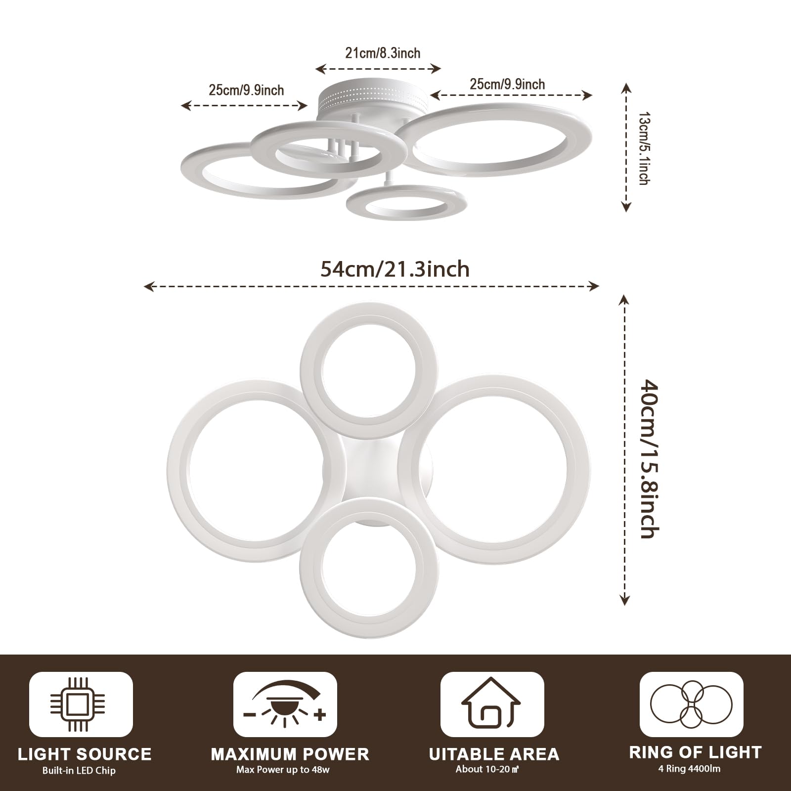 OUQI LED Ceiling Light 48W Dimmable 2800-7000K 4 Rings Modern Chandelier Flush Mount White Acrylic for Kitchen, Small Room, Bedroom