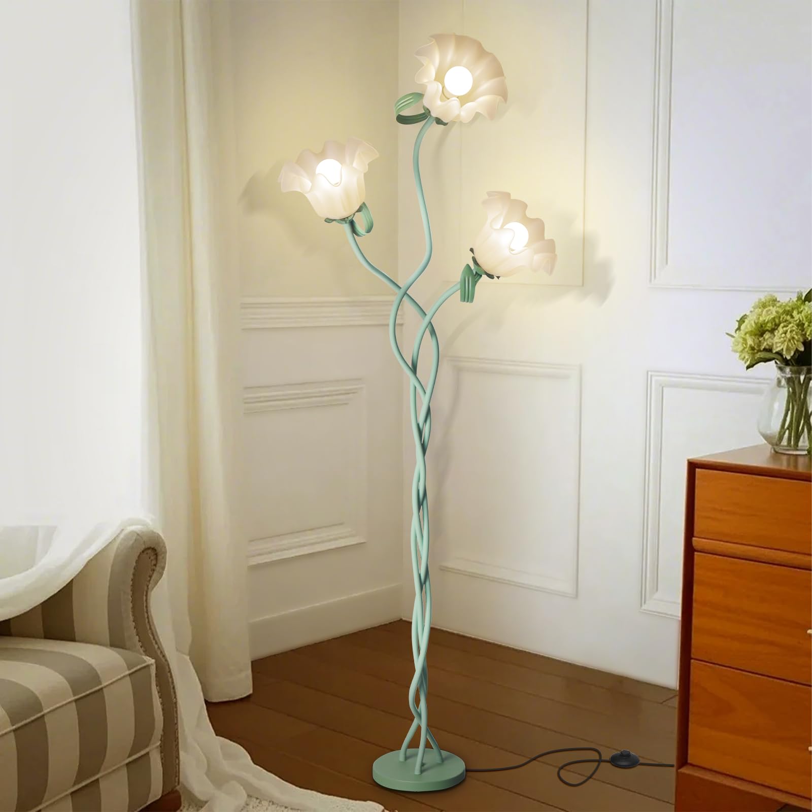 Flower Standing Lamp for Bedroom, Cute Corner Floor Lamp with Flexible Gooseneck,3 Light Floor Reading Lamp with 3 Color Tempera
