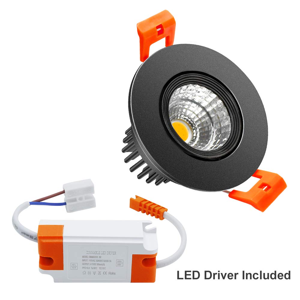 LightingWill 2-Inch Dimmable LED Downlight, 3W Warm White 3000K-3500K, Aluminum, Black Trim, 4-Pack
