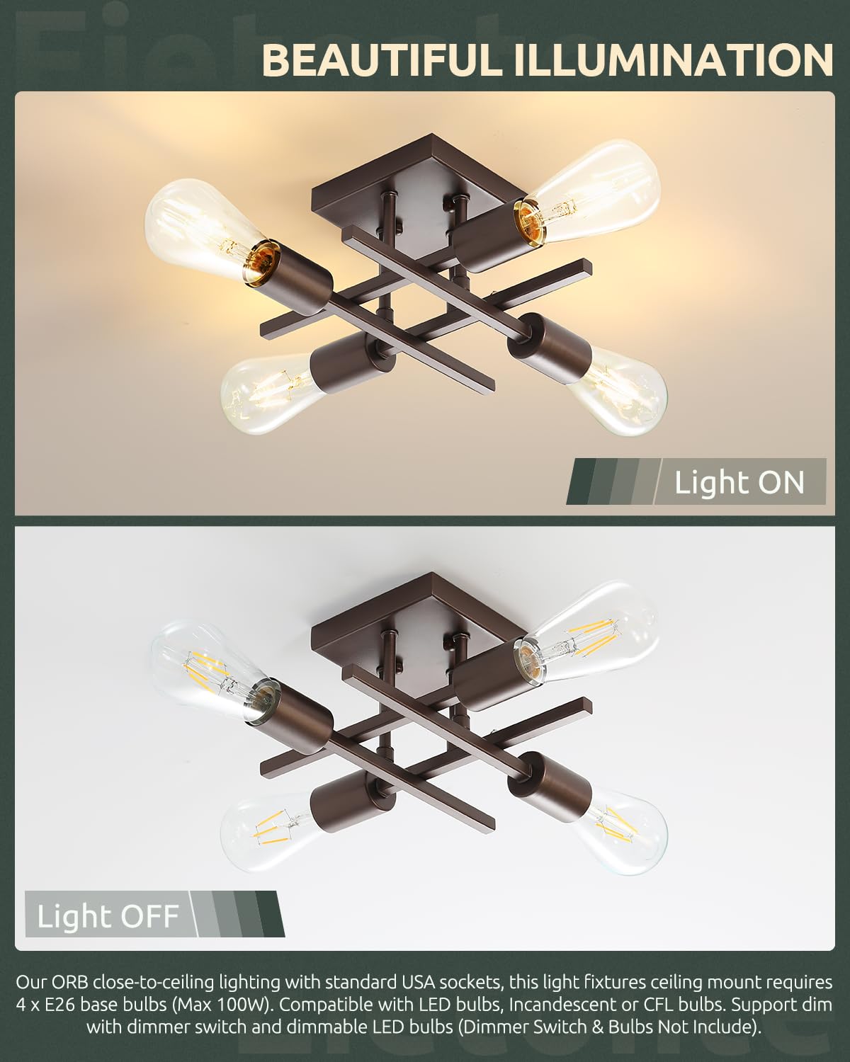 Eietonte 4-Light Semi Flush Mount Ceiling Light Fixture, Metal, Oil-Rubbed Bronze, EIECL001-ORB1P, 1 Count