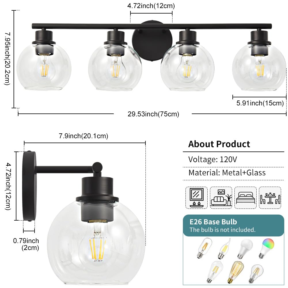 Lanmate Bathroom Vanity Light 4-Lights Black Metal with Clear Glass Shade 29.5 inch Model L1746