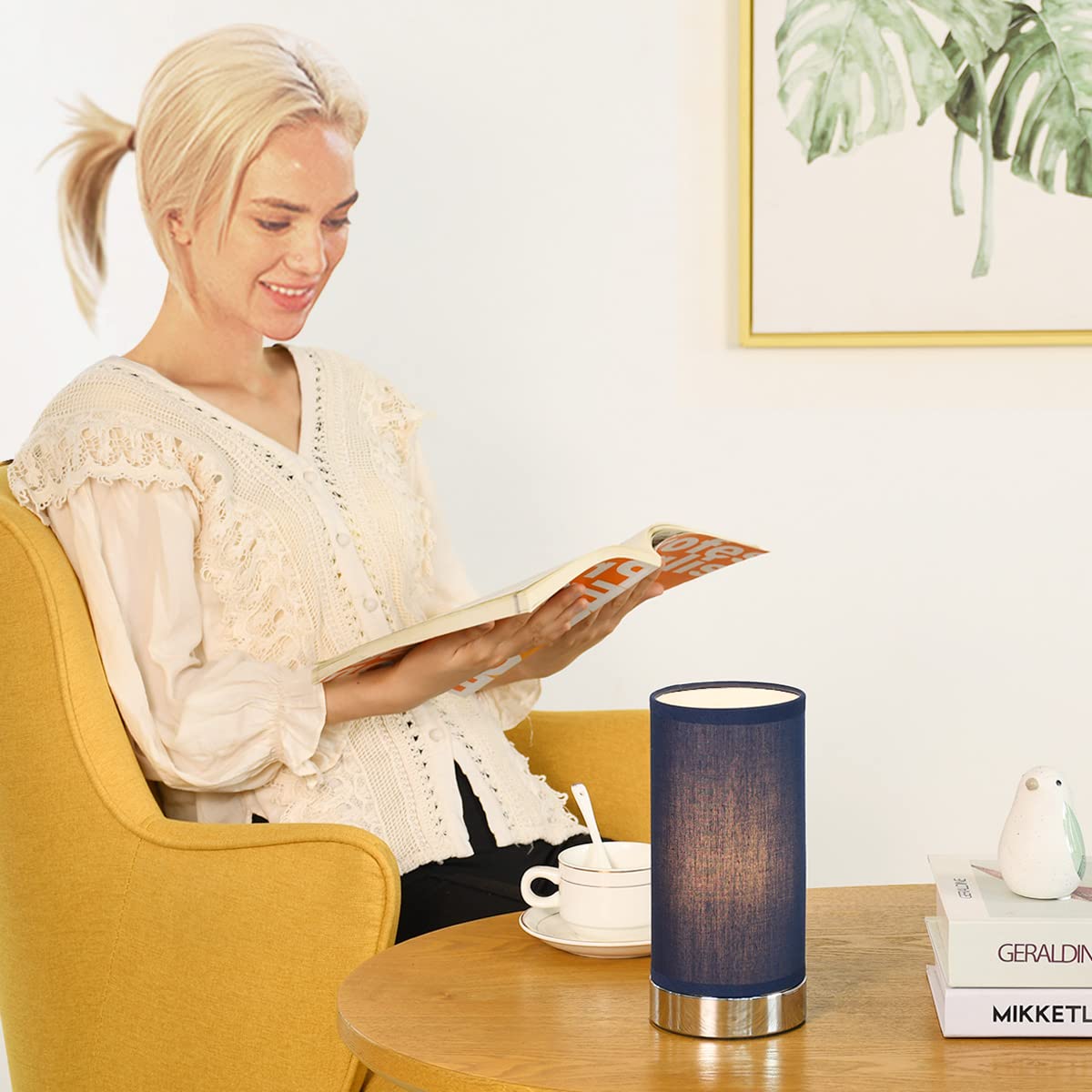 Lampwell Small Table Lamp, Modern Design, Metal and Fabric, F3.94×H8.27IN, Dark Blue, Model 21884
