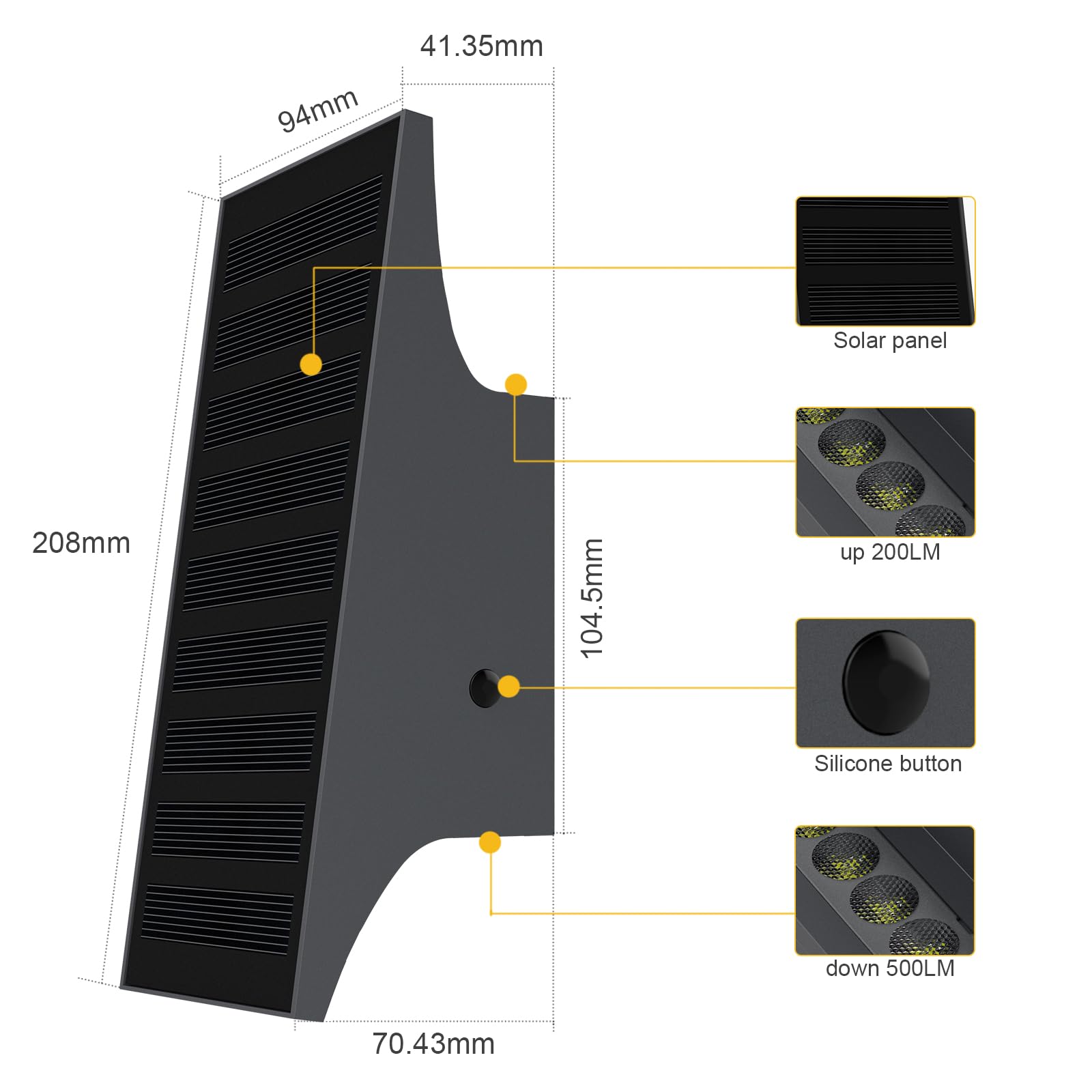 SOTTLOT Solar Wall Lights - 3000K 700LM Dimmable Outdoor Sconce, IP65 Waterproof, 1pcs, Model ESL-83