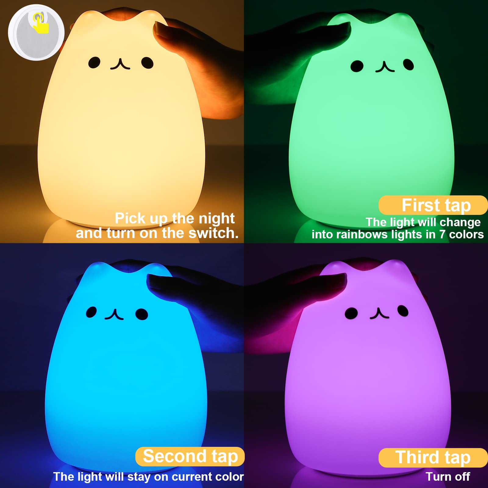 Remote Control Soft Silicone Kitty Night Light For Kids Room, Cute Cat Night Light For Room Decor, Kawaii Nursery Lamp For Women Baby Teen Girls (Remote Control Cat)