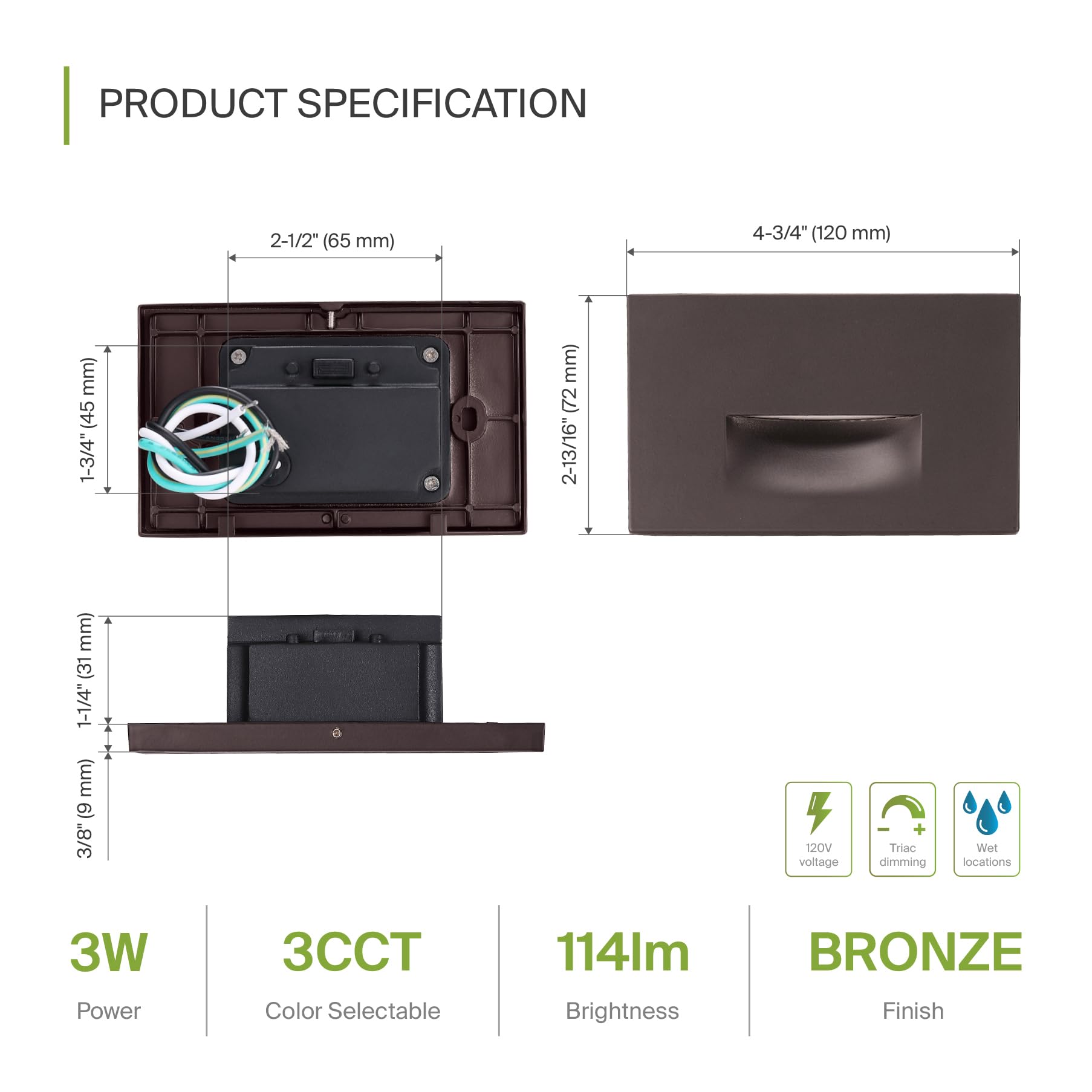 ASD LED Recessed Step Light Fixture, Dimmable, Waterproof, 3W, 120LM, 3000K-5000K, 4.75 Inch, Dark Bronze