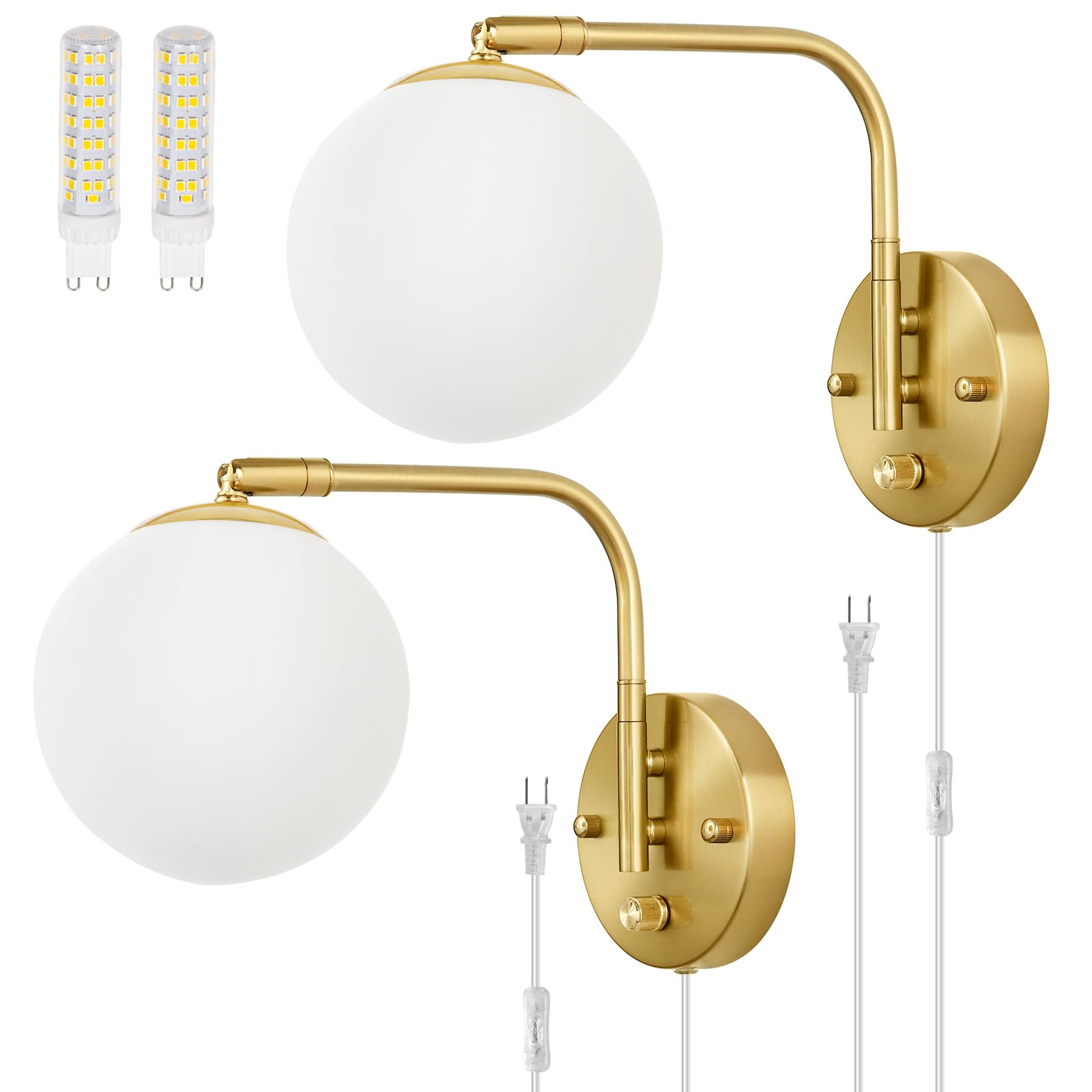 VATONI Dimmable Wall Sconces, Swing Arm Lights with Dimmer, 2 Pack, Gold & Milky White Glass Globe Shade, Model LSlamp-Miglash-2P