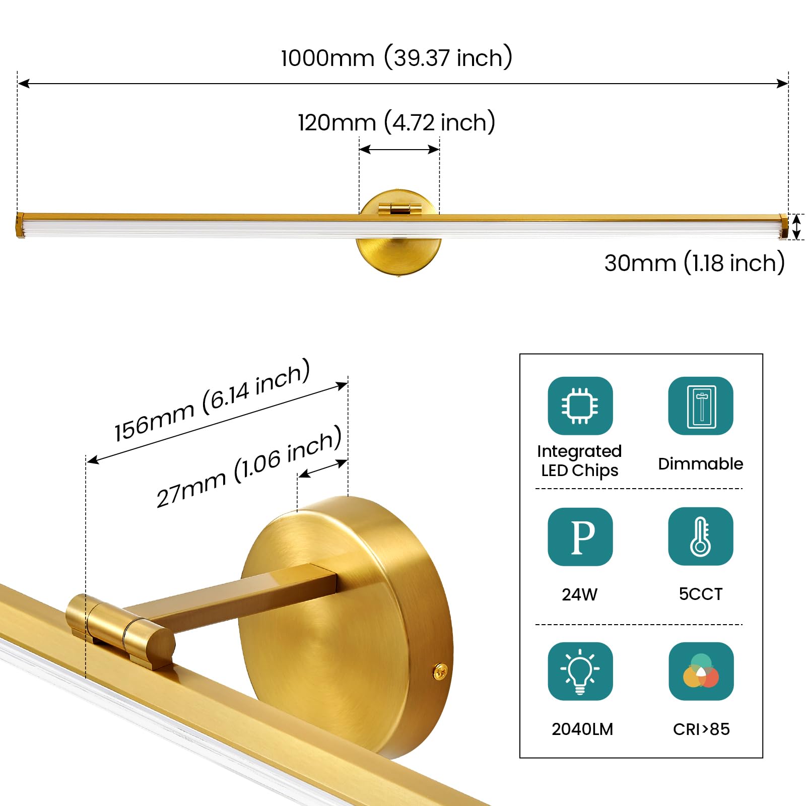 Kaisite Gold Vanity Light 39 Inch Modern Bathroom Light Fixture Over Mirror 24W Dimmable 5Cct Led Vanity Light For Bathroom Rest