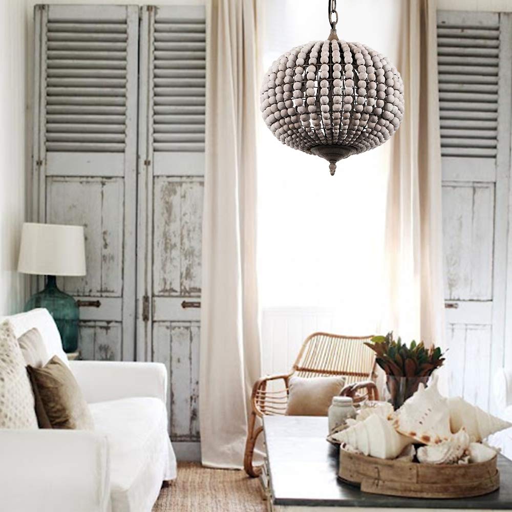 Newrays Wood Bead Chandelier Pendant Bohemian Boho Beachy Ceiling Lamp Light Fixtures (Gray White-Globe, 11.81 In*14.56 In)