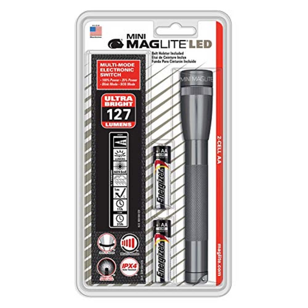 Maglite Mini Led 2-Cell Aa Flashlight With Holster, Gray
