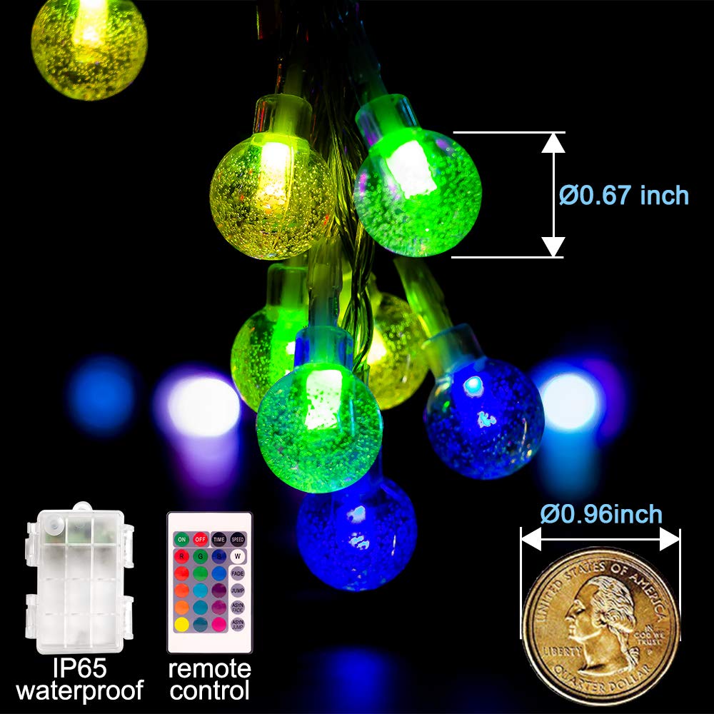 Coloured Globe String Lights Battery Operated,2 Pack 26.2Ft 60 Led 16 Colour Changing Water Proof Crystal Ball Outdoor String Li