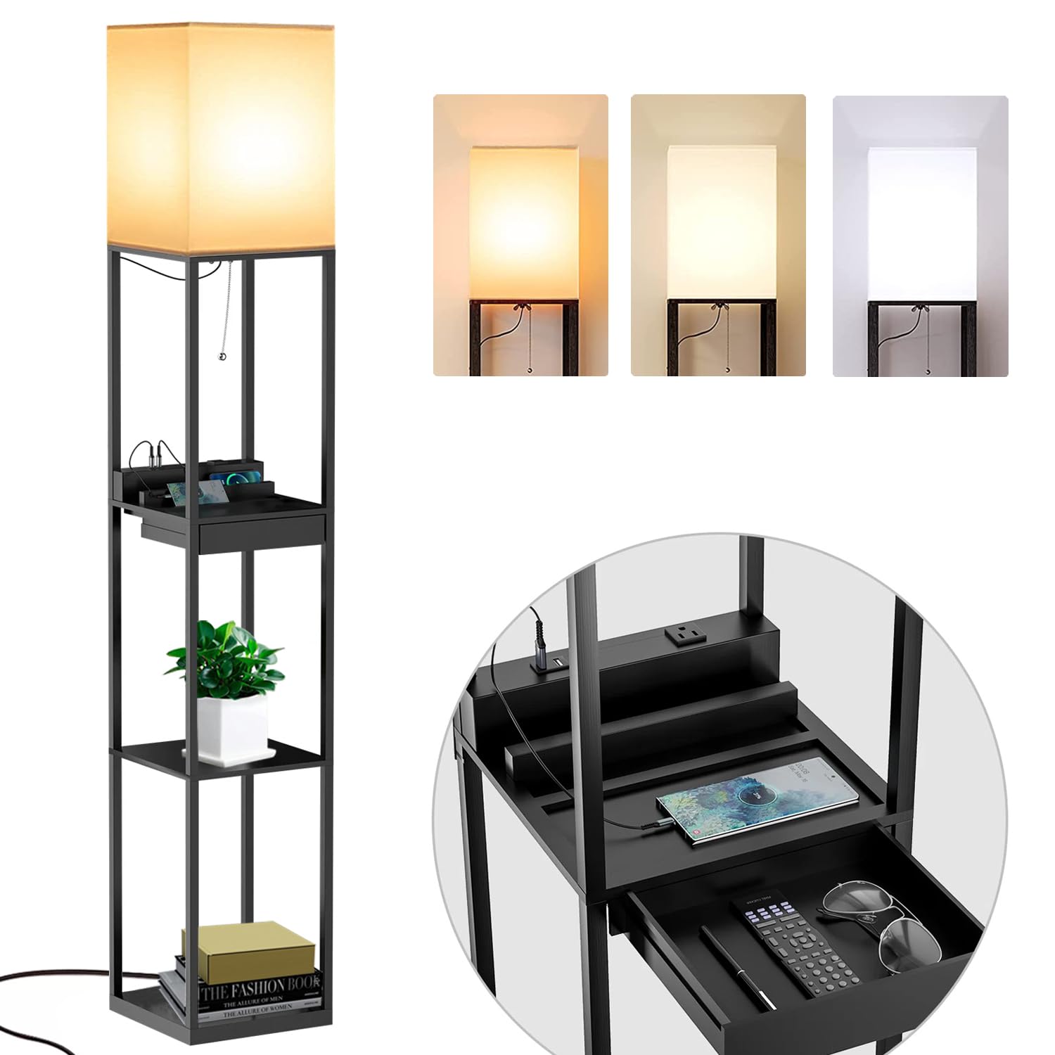 Assemer Shelf Floor Lamps for Living Room,Tall Standing Lamp with Shelves and Drawer,2 USB Charging Ports & 2 Power Outlet,Brigh