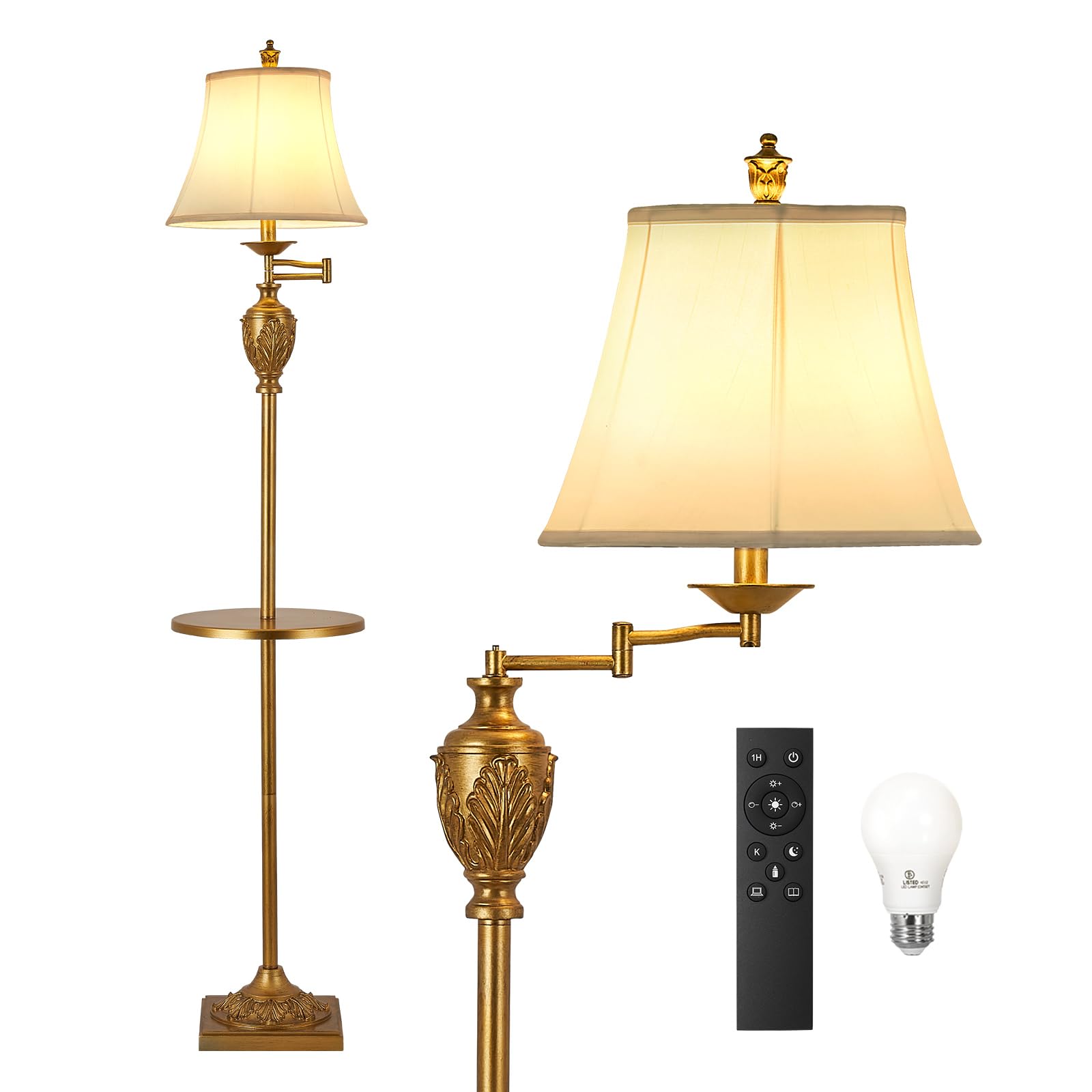AIDENOEY Traditional LED Floor Lamp, 350° Adjustable Swing Arm, 65in H x 13in W x 12in D, Gold-1, Model HYFLOOR