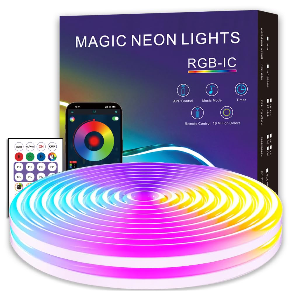 EcoMyLife 16.4ft RGB IC Neon Rope Lights, Dimmable, Waterproof, Silicone, White
