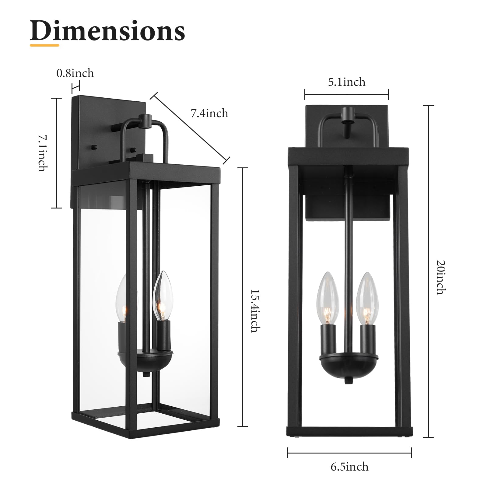 Diyel Outdoor Wall Sconce Lights, 20" Tall Black Powdered Metal Lantern, Modern Design for Porch & Patio, Model RZ008M-2 BK