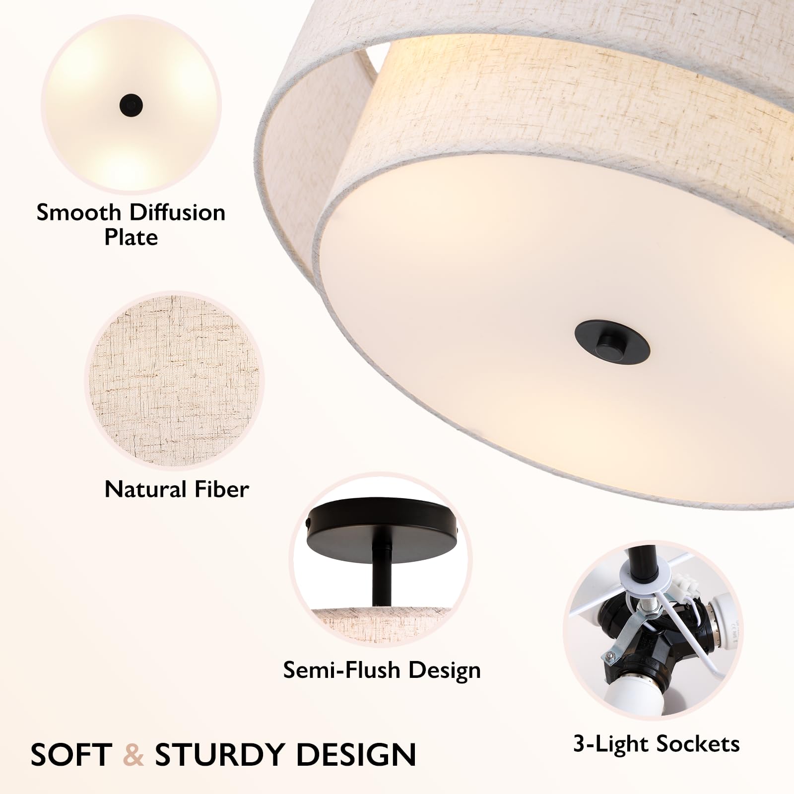 CALOKES 16" Double Drum 3-Light Semi Flush Mount Ceiling Light, Black Fabric Shade, ICL-BD-001 for Living Room, Bedroom, Kitchen, Dining Room