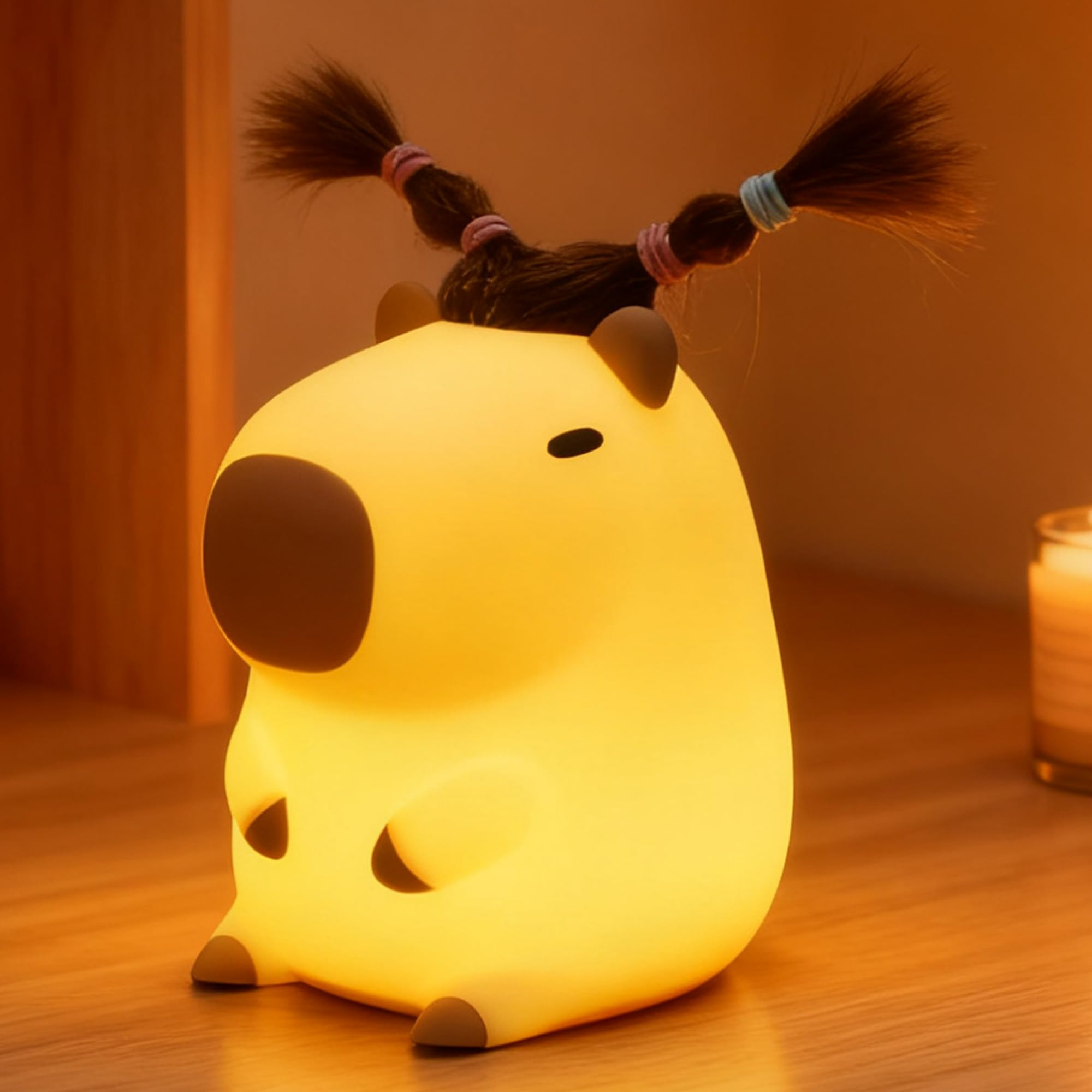 Cute Capybara Night Light with DIY Hairstyle ,Funny Squishy Silicone Animal Night Lamp, Dimmable/Timer Nursery Nightlight for Ki