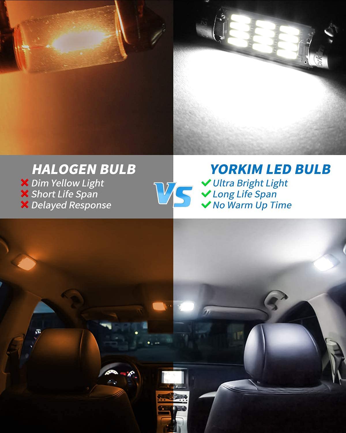 Yorkim 6418 LED Bulb, Festoon 36mm, 12-SMD 4014 Chipsets, 6500K White, Pack of 4, Aluminum