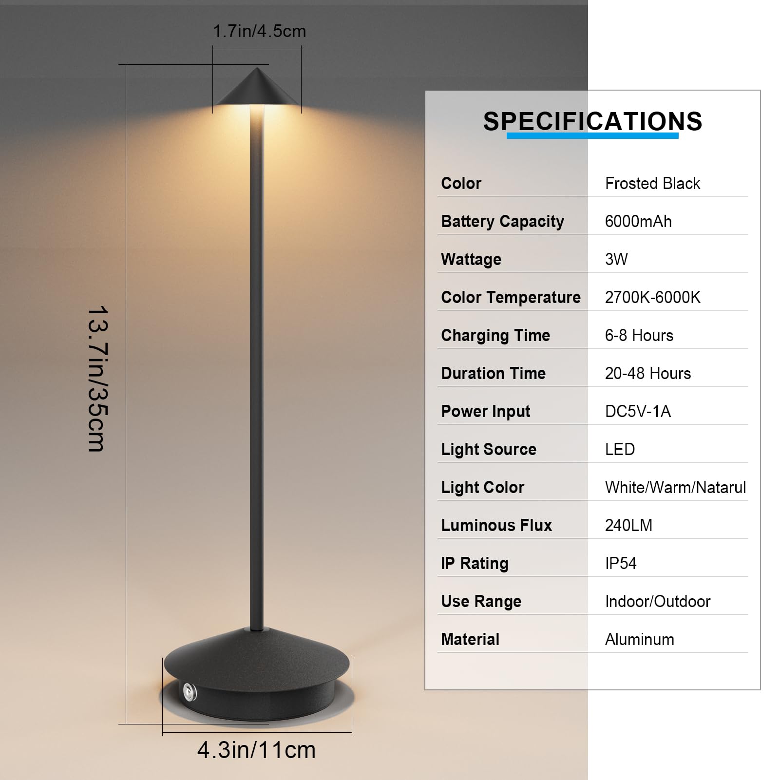 Aoceley 2-Pack 6000mAh Rechargeable LED Table Lamps, Waterproof, Dimmable, Modern Design, Black