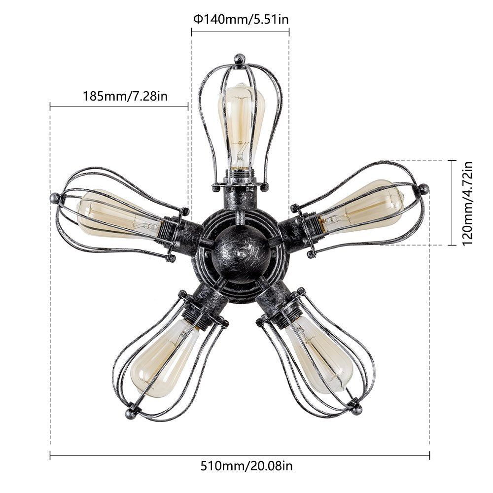 Moonkist Vintage Ceiling Light Industrial Semi-Flush Mount Ceiling Light Metal Fixtures Painted Finish (With 5 Light) (Silver)