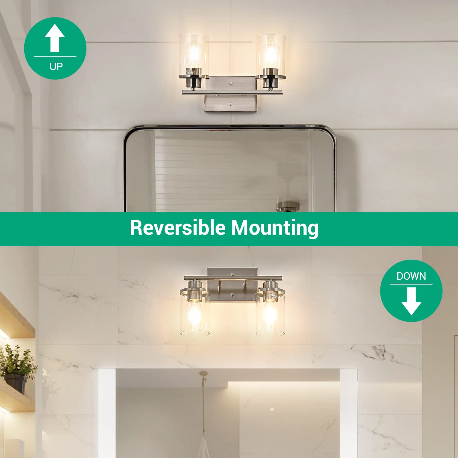 EDISHINE 2 Light Bathroom Vanity Light Fixtures, Brushed Nickel, Modern Wall Sconces, Glass, ETL Listed