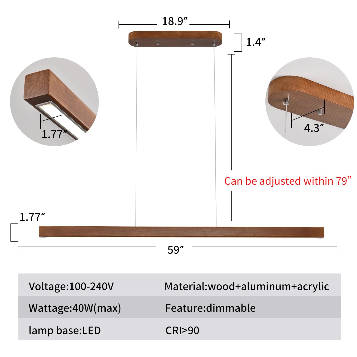 Yisdesign 59 Wood Linear Pendant Light Fixtures Modern Led 40W Dimmable Pendant Lighting Kitchen Island Lighting Ceiling Hanging Farmhouse Chandeliers For Dining Room Pool Table Walnut Color