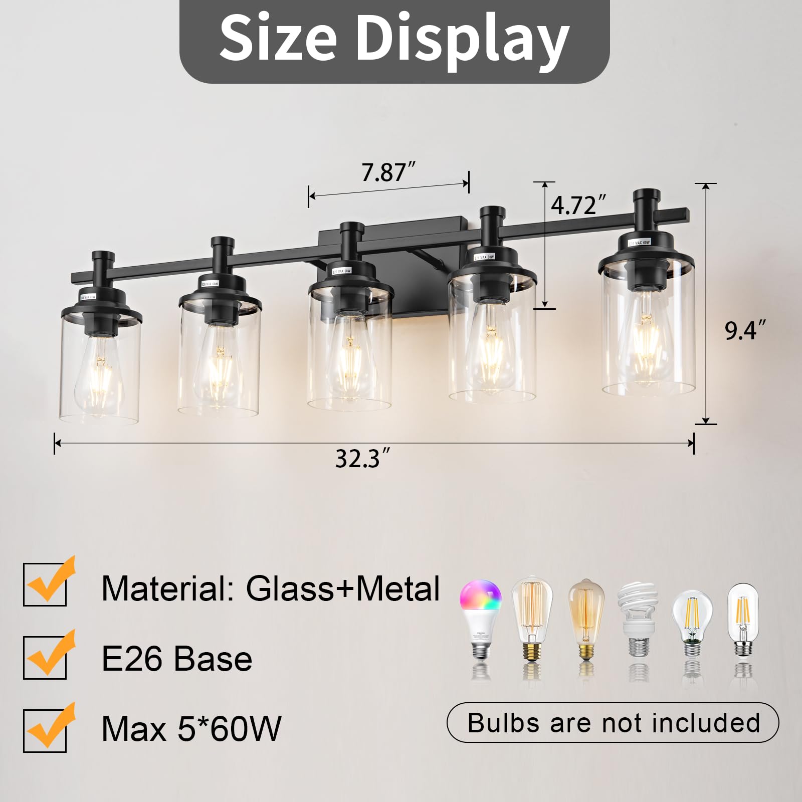 Aixialin 5-Light Black Bathroom Vanity Light, Modern Vanity Lighting Fixture For Bathroom, Black Matte Light Fixture, Wall Sconc