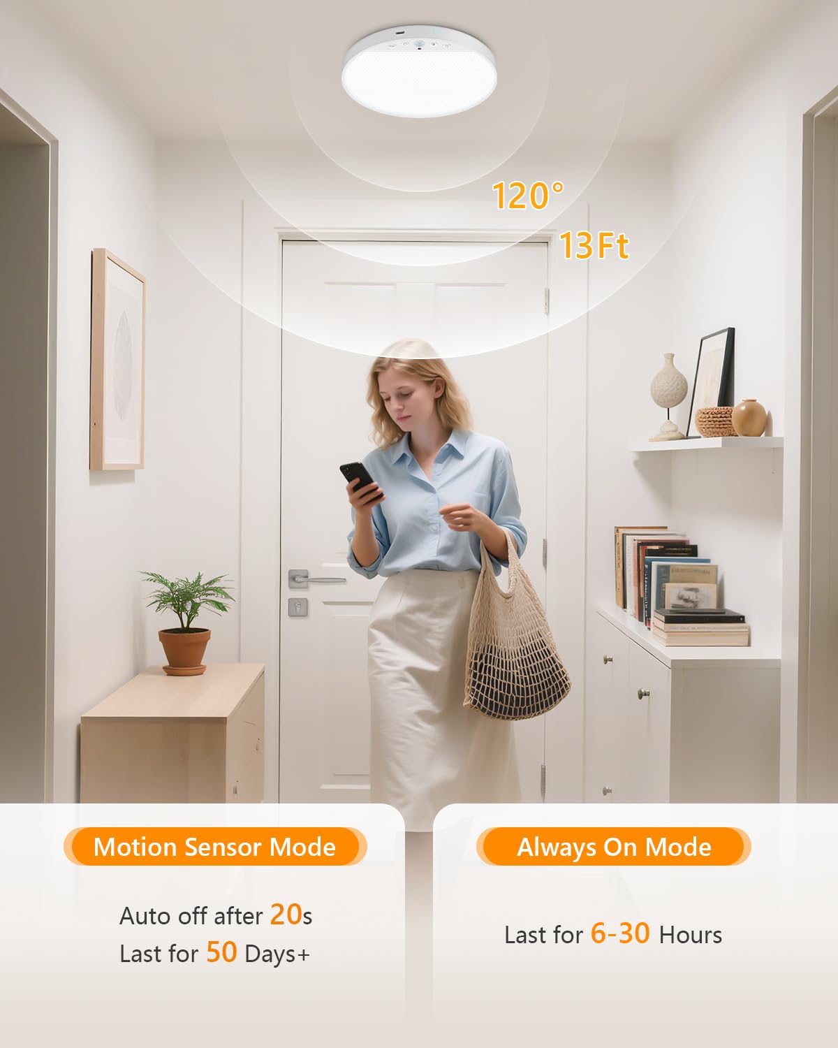 Rechargeable 8W Motion Sensor Ceiling Light, Wireless Magnetic Stick-On, Remote Control for Color & Brightness, Battery Operated