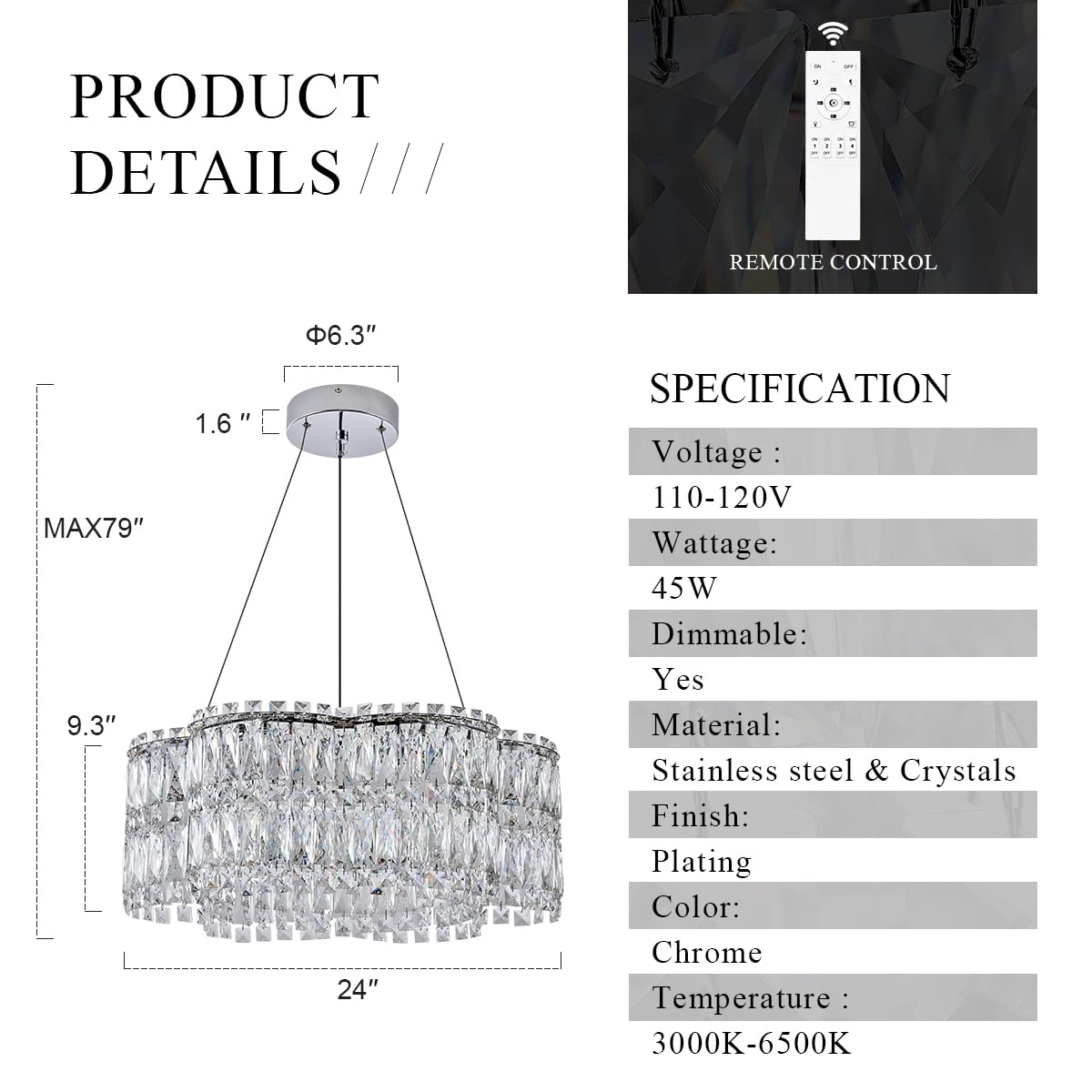 Poemoon 24in Crystal LED Chandelier, Remote Control, Dimmable 3000-6500K, Chrome, Model P40-600C1