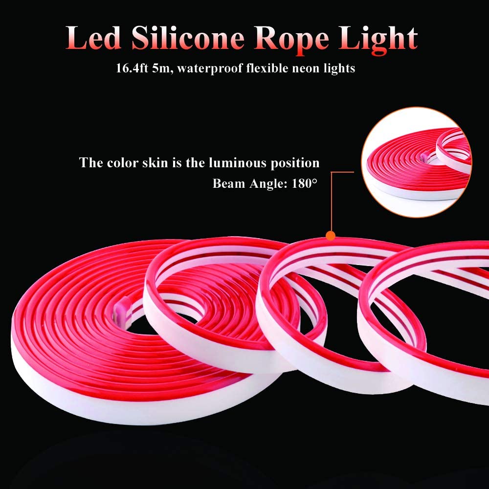 Everbright Red Led Neon Strip Light 12V Silicone Indoor Outdoor 16.4Ft 600Smd Waterproof Flexible For Signboard Bar Home Tv Kitc