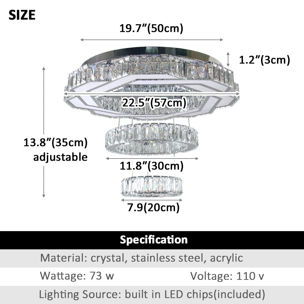 xychfantligh Modern Crystal Chandelier 22.5" 3 Color Change Pendant Light for Living Room, Bedroom, Dining Room, Entryway