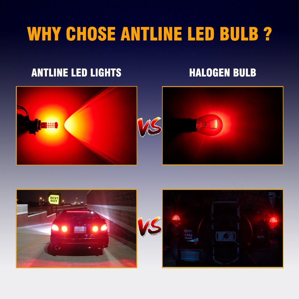 Antline 1157 Led Bulb Flash Strobe Red (2 Pack), 9-30V Super Bright 1600 Lumens 2057 2357 7528 52-Smd Led With Projector For Rep