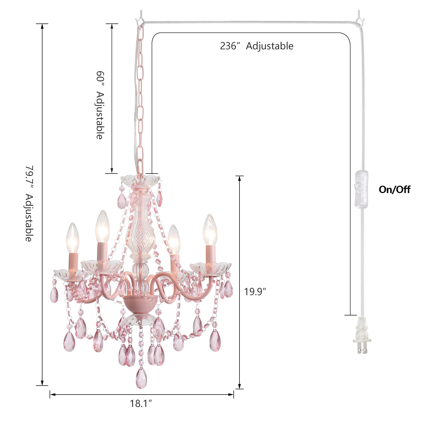 Plug In Crystal Pink Chandelier, (Not Acrylic Crystal),Mini 4 Lights For Girls Room,Pink Crystal Hanging Pendant Light With Clea